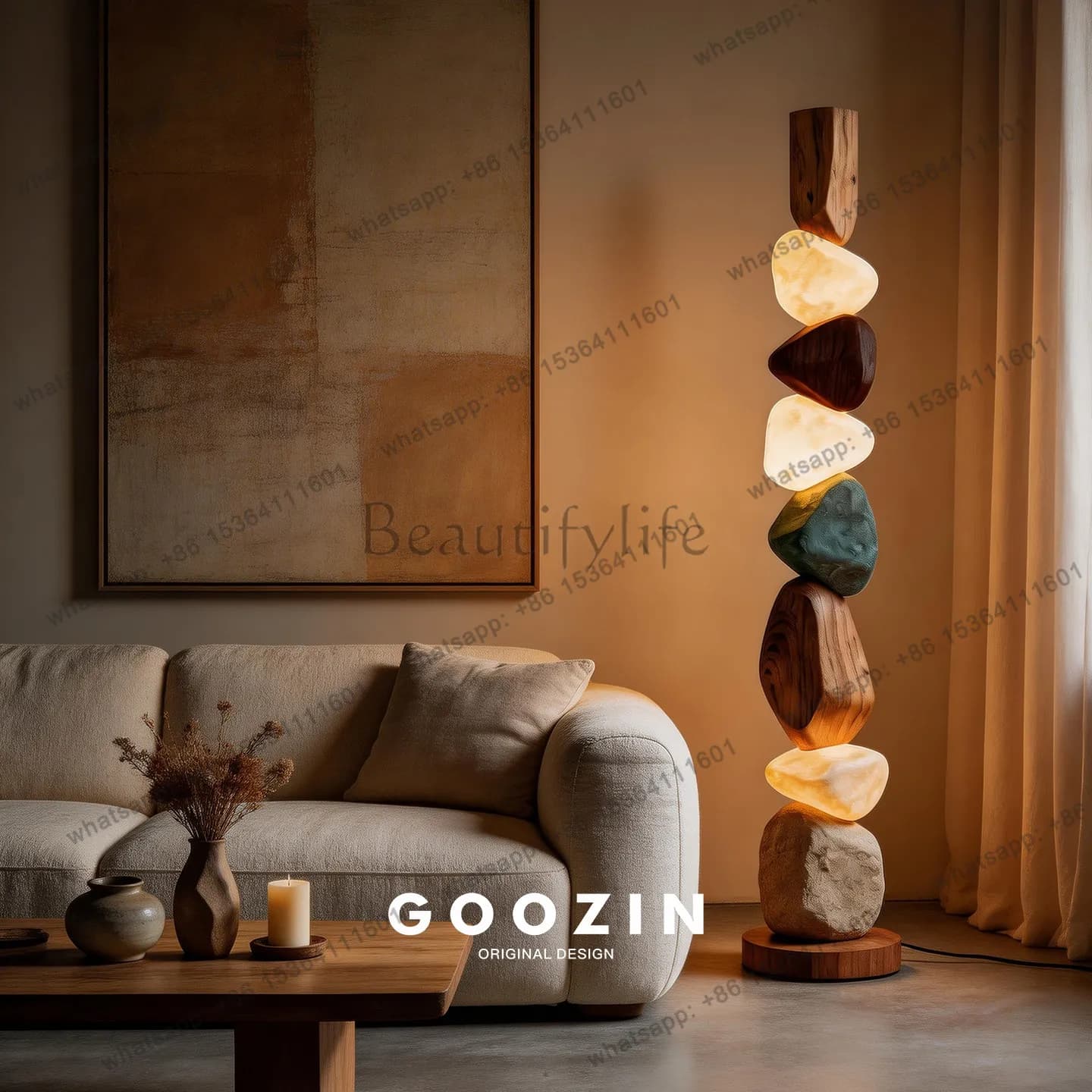 8Wabi-sandy wind floor-to-ceiling luminous medieval designer creative living room sofa retro atmosphere vertical ornament