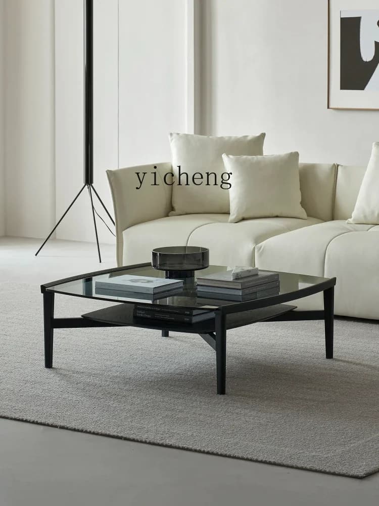 v9.10-Living Room North America Black Walnut Solid Wood Glass Square Tea Table Modern Minimalist