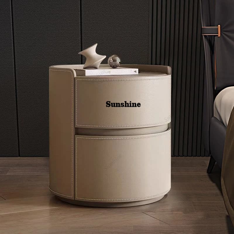 Bedside Table Creative, Minimalist Saddle Leather, Round Simple Modern Compact, Bedroom New Rock Slab Light