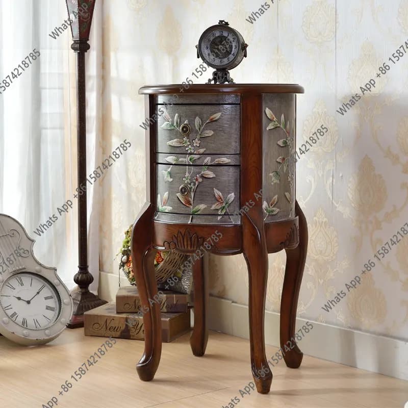 American living room, solid wood sofa, corner table, retro simple small round table, coffee table, chest of drawers, bedside sto