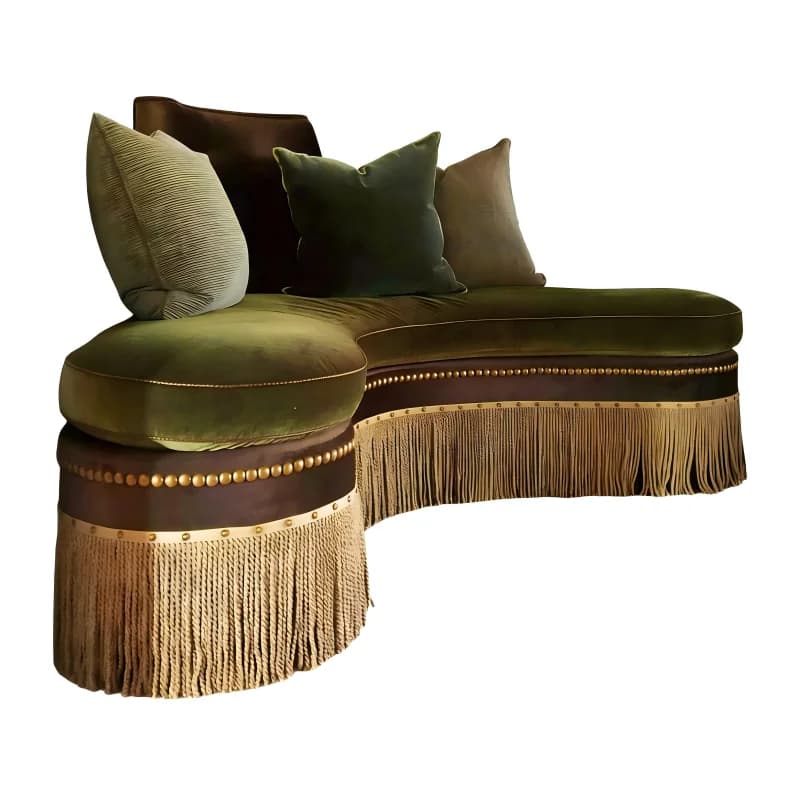 Crescent-shaped curved sofa with high back fringed velvet, suitable for villa living rooms and luxury home decoration furniture