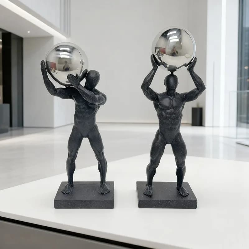 Creative Silver Ball Atlas Statue, Resin Abstract Muscle Man Statue, Modern Home Decoration, Office Black Sculpture