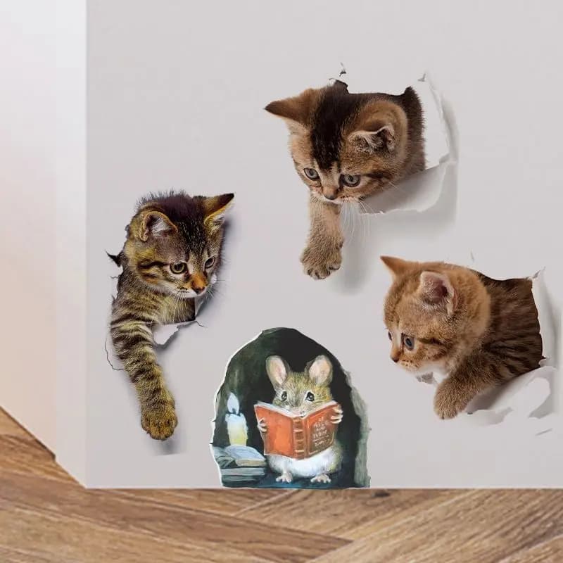 3D Visual Creative Stickers Cute Simulation of Cats Mice Room Walls Corner Decorations Self-adhesive Murals Wallpaper Diy