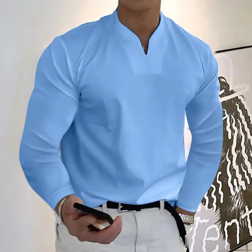 Spring and Autumn 2026 Versatile Simple New Men's V-Neck Long Sleeve T-Shirt Top Breathable Casual