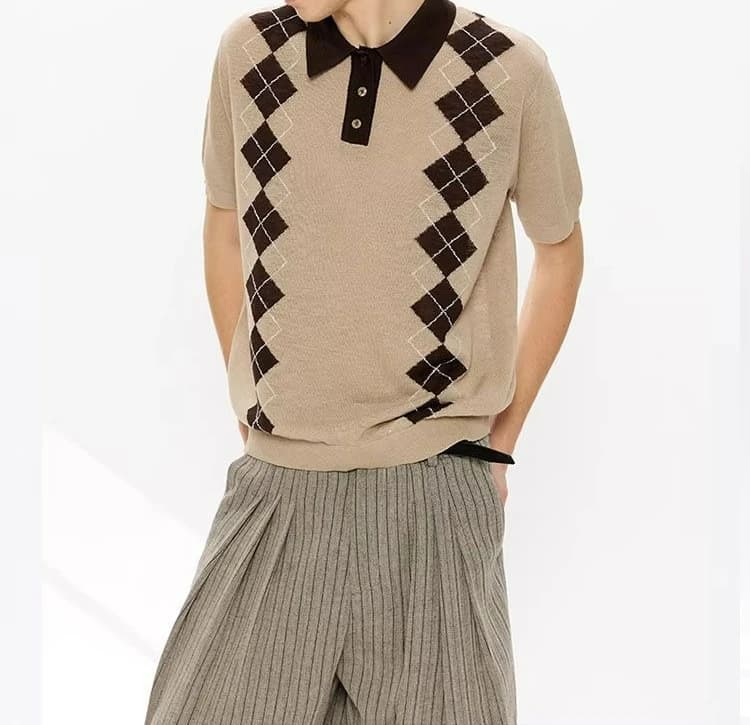 2026 New Grid Vertical Contrasting Color Casual Knitted Short-sleeved Polo Shirt Men's Summer