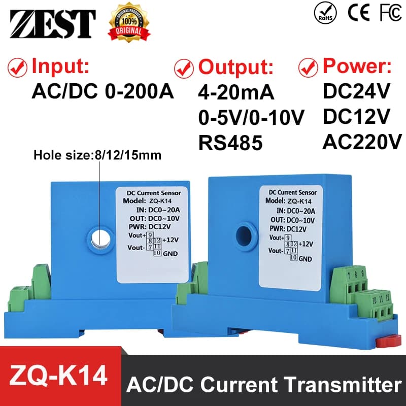 AC DC Current Transmitter Din Rail 0-200A Current Sensor Hall Current Transducer Output 4-20mA DC24V 220V Power Supply