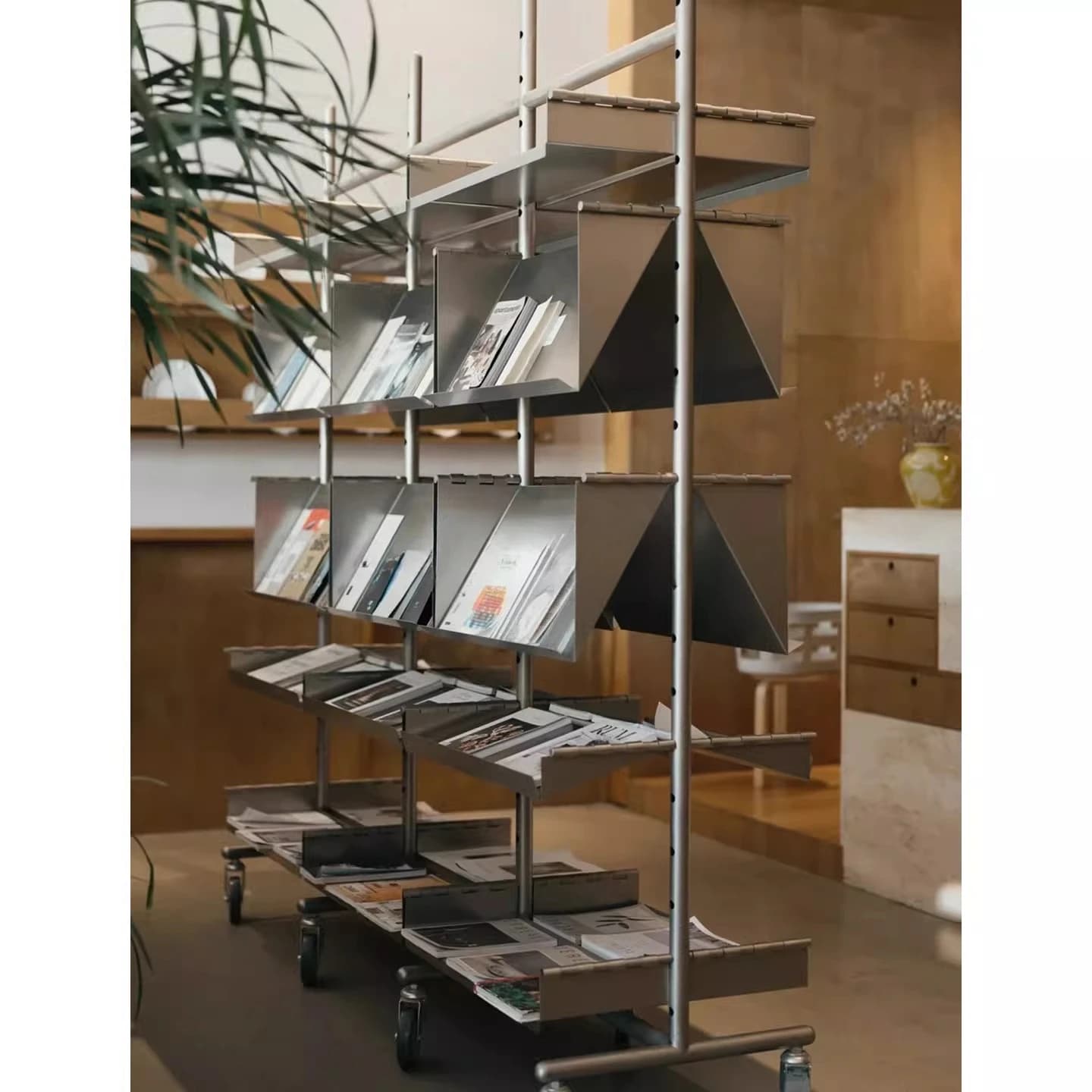 Simple stainless steel mobile partition bookshelf Magazine newspaper rack Commercial promotion display rack