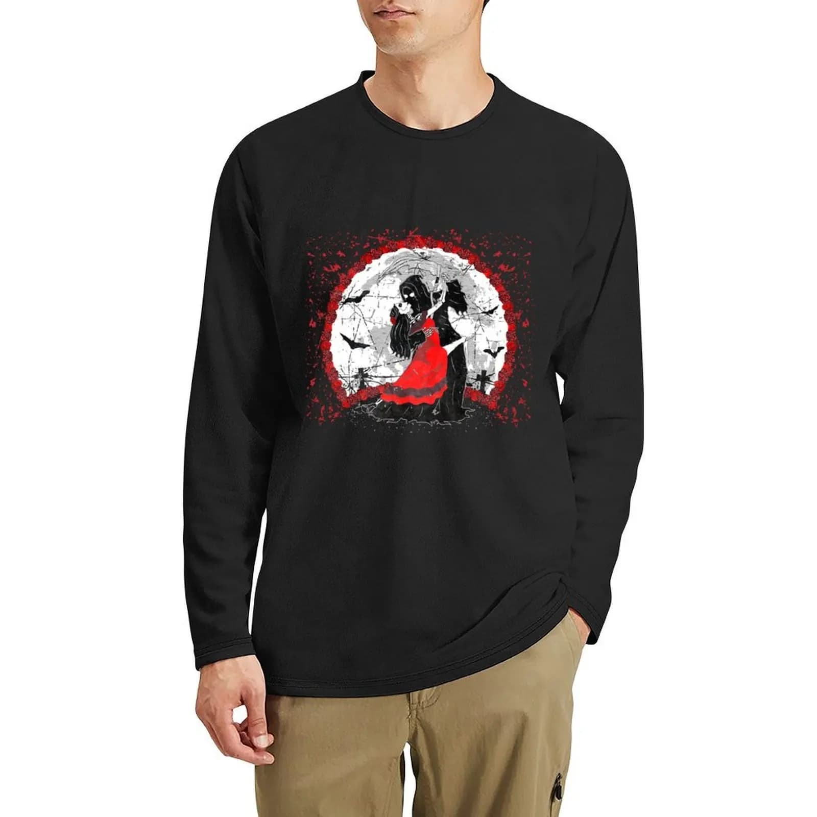 Tango with Death Forbidden Love Skeleton Grim Reaper Full Moon Graveyard Long T-Shirt t shirt man mens graphic t-shirts