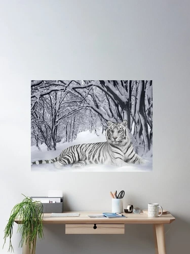 White Tiger in Serene Snowy Forest, Art Print Silk Poster Home Wall Decor