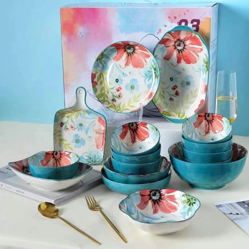 Japanese-style ceramic household hand-painted flower underglaze color creative color 16-head dish plate gift box set
