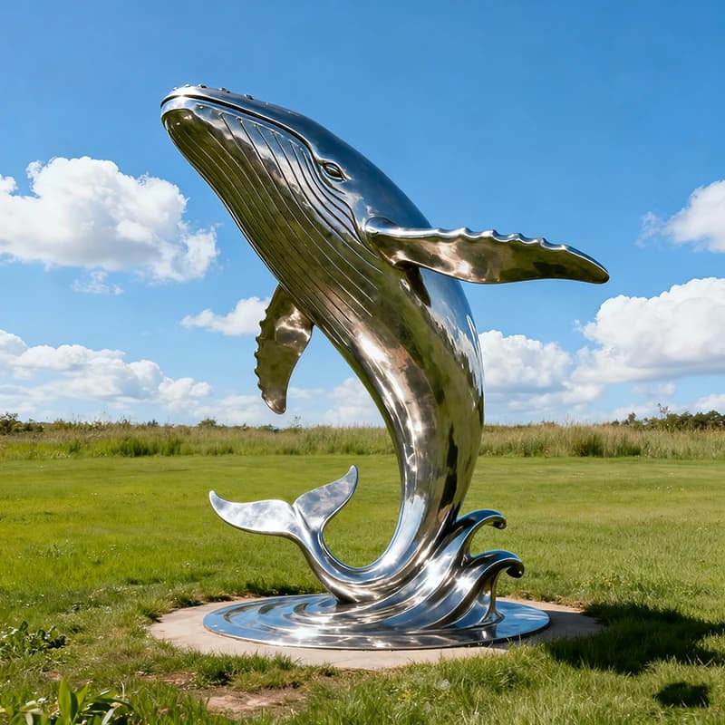 Mirror Polished Wave Whale Dolphin Stainless Steel Sculpture Custom Modern Decor Outdoor Seaside Commercial Waterside Landscape