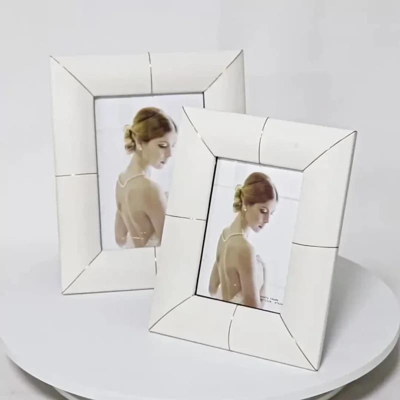 White Leather Metal Photo Frame - Modern Minimalist Decorative Tabletop Frame for Bedroom Stylish Home Décor