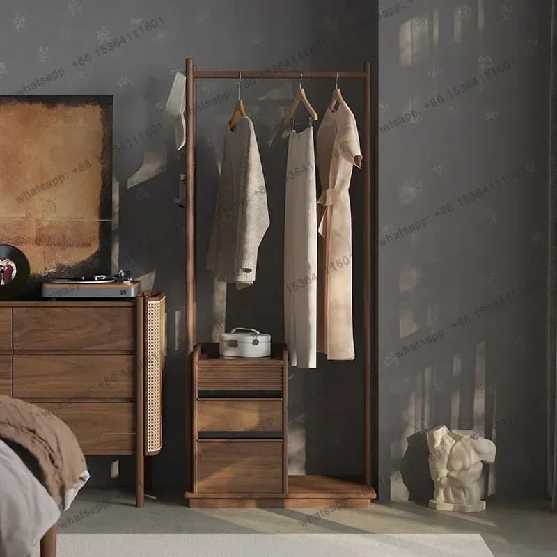 Solid Wood Coat and Hat Rack Floor Bedroom Storage with Full Body Mirror Dressing Mirror Clothes Rack Integrated