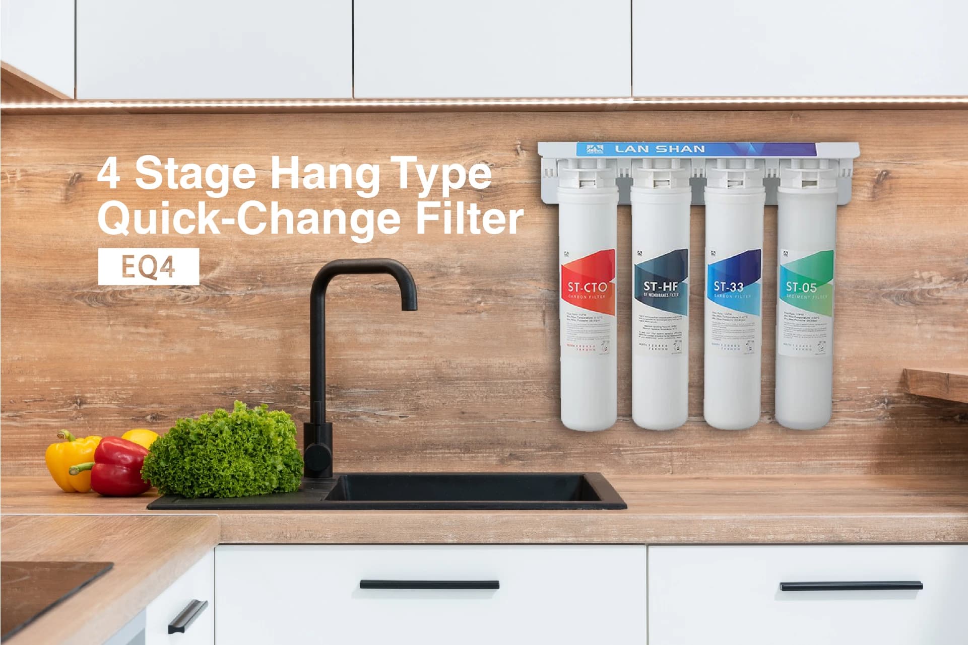 Lan Shan EQ4 Household Counter Top Plastic Manual 4-Stage Water Filter with Twist-Lock Quick-Change Cartridge Technology 50 GPD