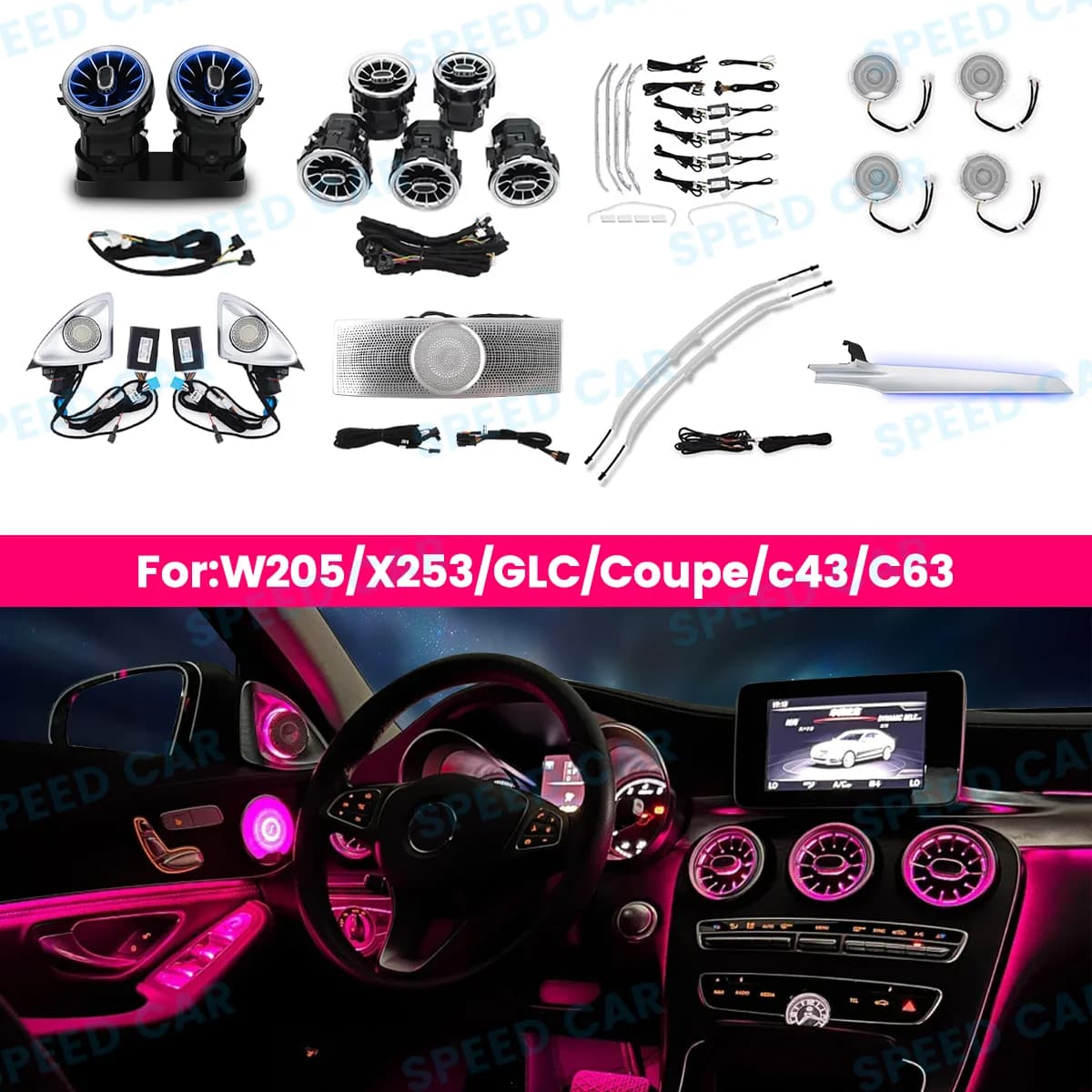 For Mercedes Benz W205 GLC C43 C63 X253C Class Car LED RGB Air Vent 3/4D Rotary Speaker 3/64 Color Decorative Lights LED Speaker