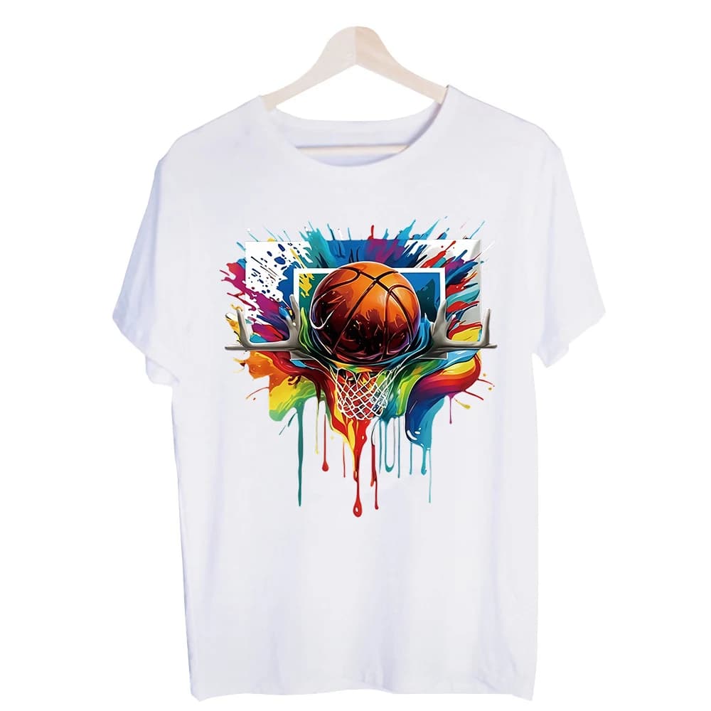 Men's Basketball Hoop Graphic Tee, Short Sleeve Crew Neck T-Shirt Colorful Splatter Art  Casual Streetwear and Sports Outfits