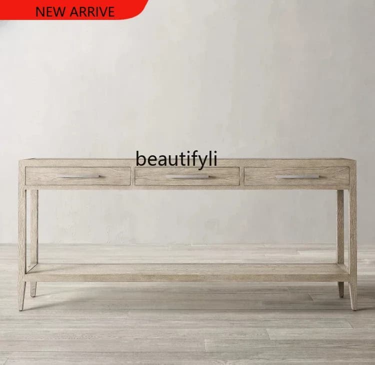 X A15 American-Style Solid Wood Vintage Console Oak Aisle Hallway Nordic Living Room Wall Table-Console