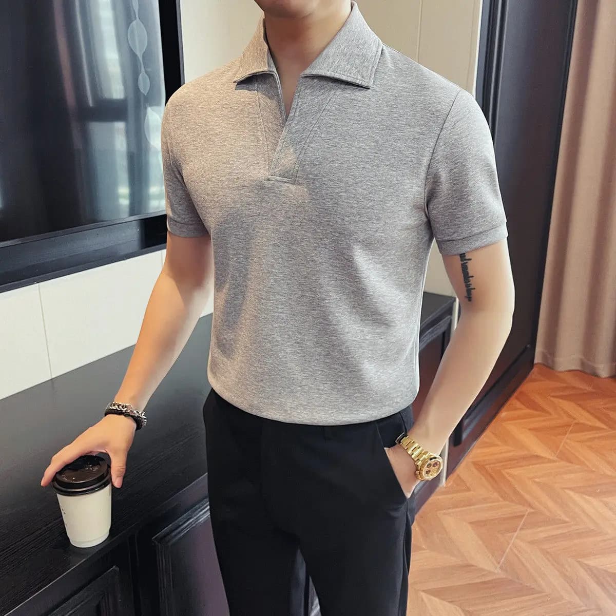 2026 Men's Summer New Style Business Collar Polo Shirt Short Sleeve Knitted Lightweight Stretchable Versatile T-Shirt Top