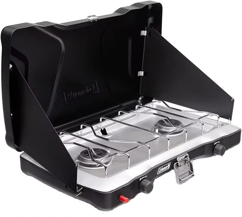 NB Favour Portable 2-Burner Propane Camping Latch Handle Adjustable Burners Wind Guards Manual Stove Outdoor