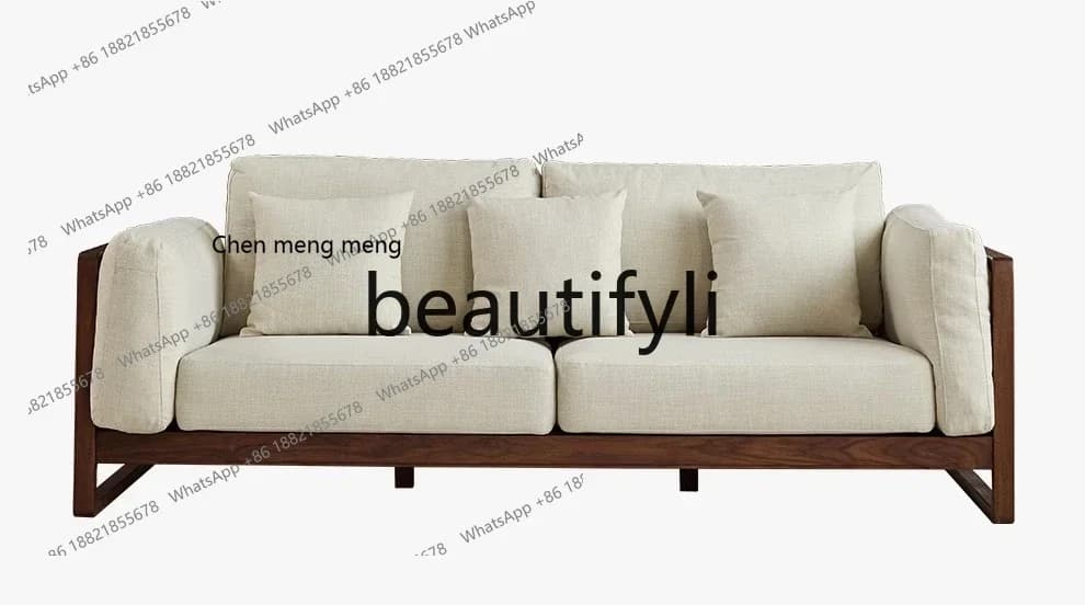 M178 North American black walnut sofa large apartment three-person all-solid wood sofa leather, dual-purpose living room furnitu