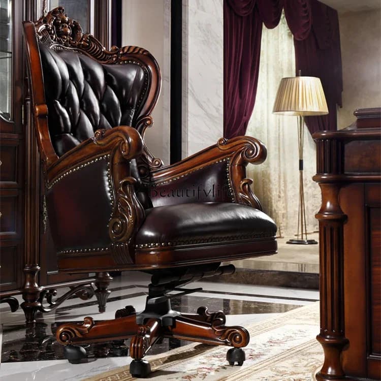 01American all-solid wood imported first-layer cowhide class chair study home European retro office computer chair