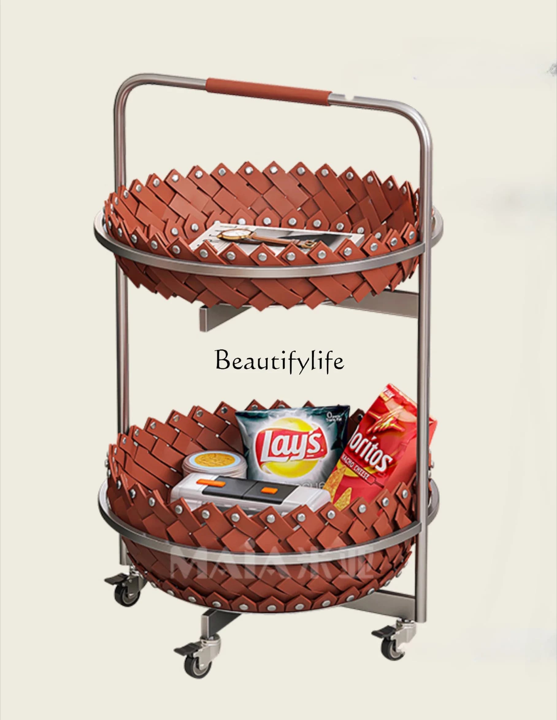 LJY-*Italian light luxury sofa side a few saddles leather round cart designer high-end household woven goods