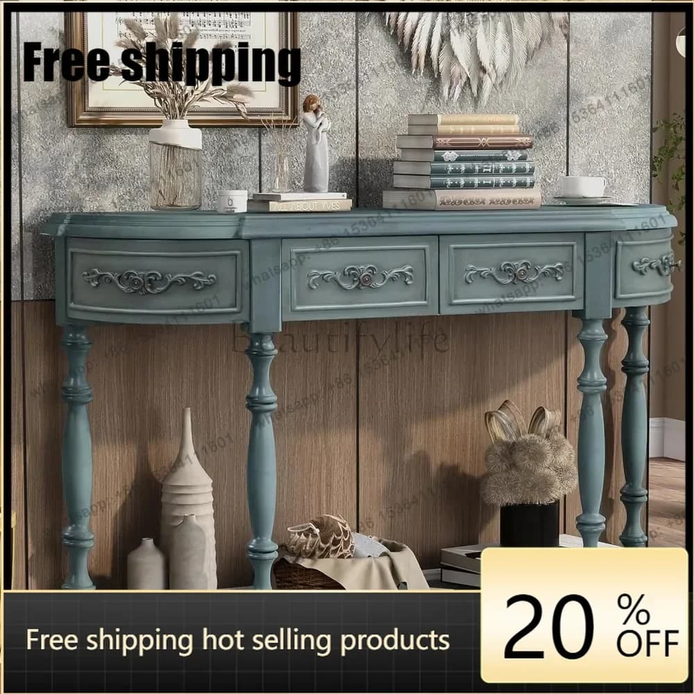 jj4 Retro Wood Curved Console Table 52-Inch Half Moon Hall Sofa Table Entryway Table with Drawers & Shelf for Living Room