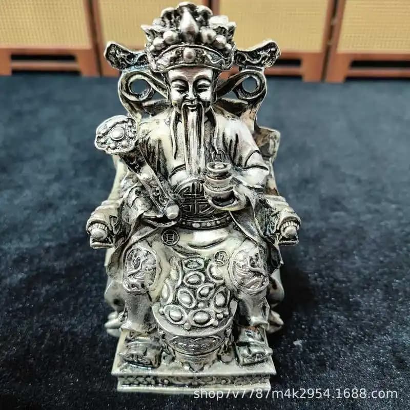 Silver-plated brass crafts, God of Wealth statue, home living room decorative ornament
