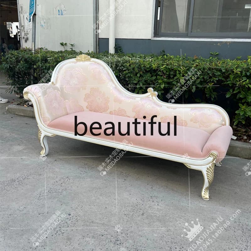 French solid wood chaise longue European pink velvet recliner fabric leisure sofa