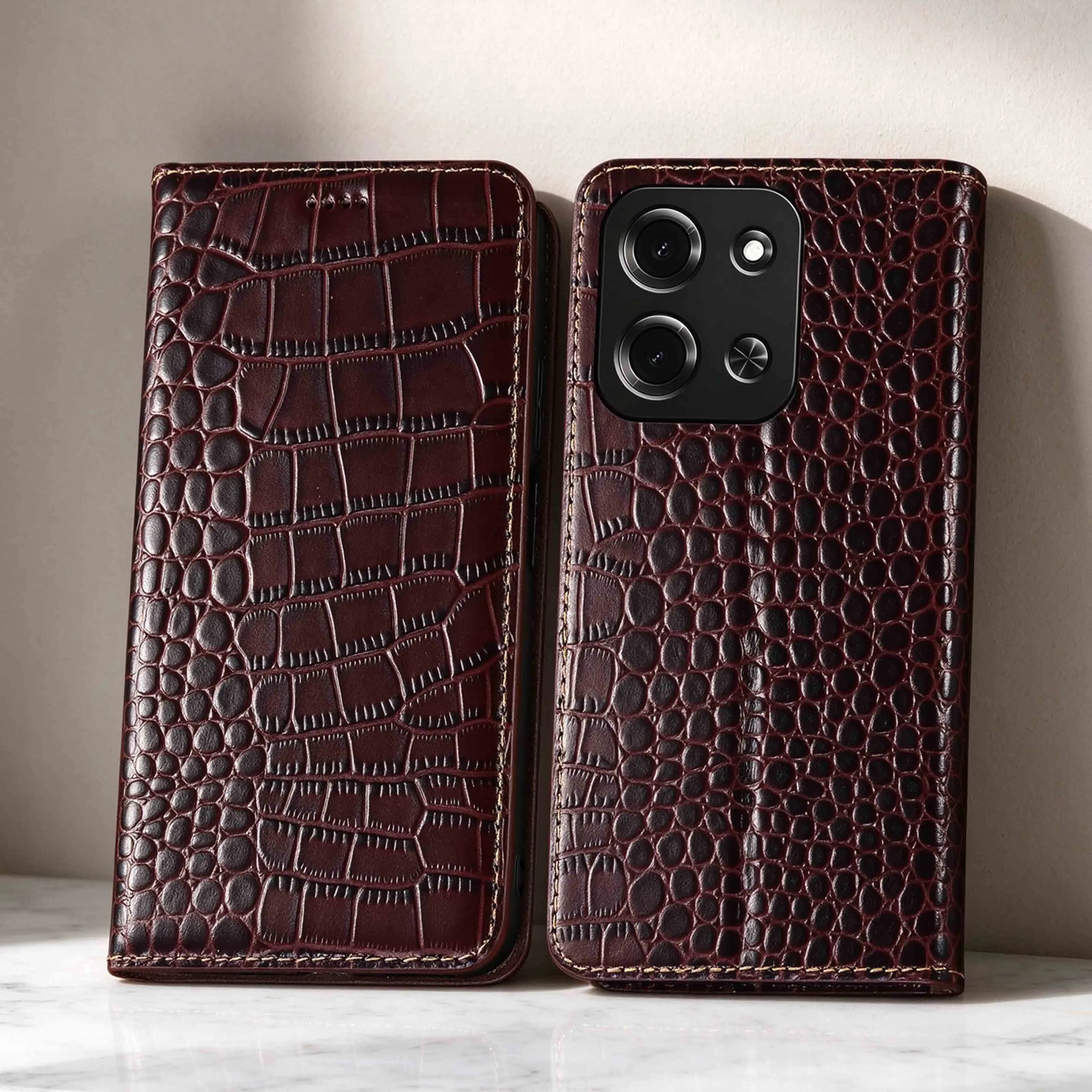 Crocodile Genuine Leather Flip Phone Case For Redmi 8 8A 9 9A 9C 9i 9T 10C 10A 10X 11A 12 12C 13 13C 14C 15 15C 17 17C 4G 5G