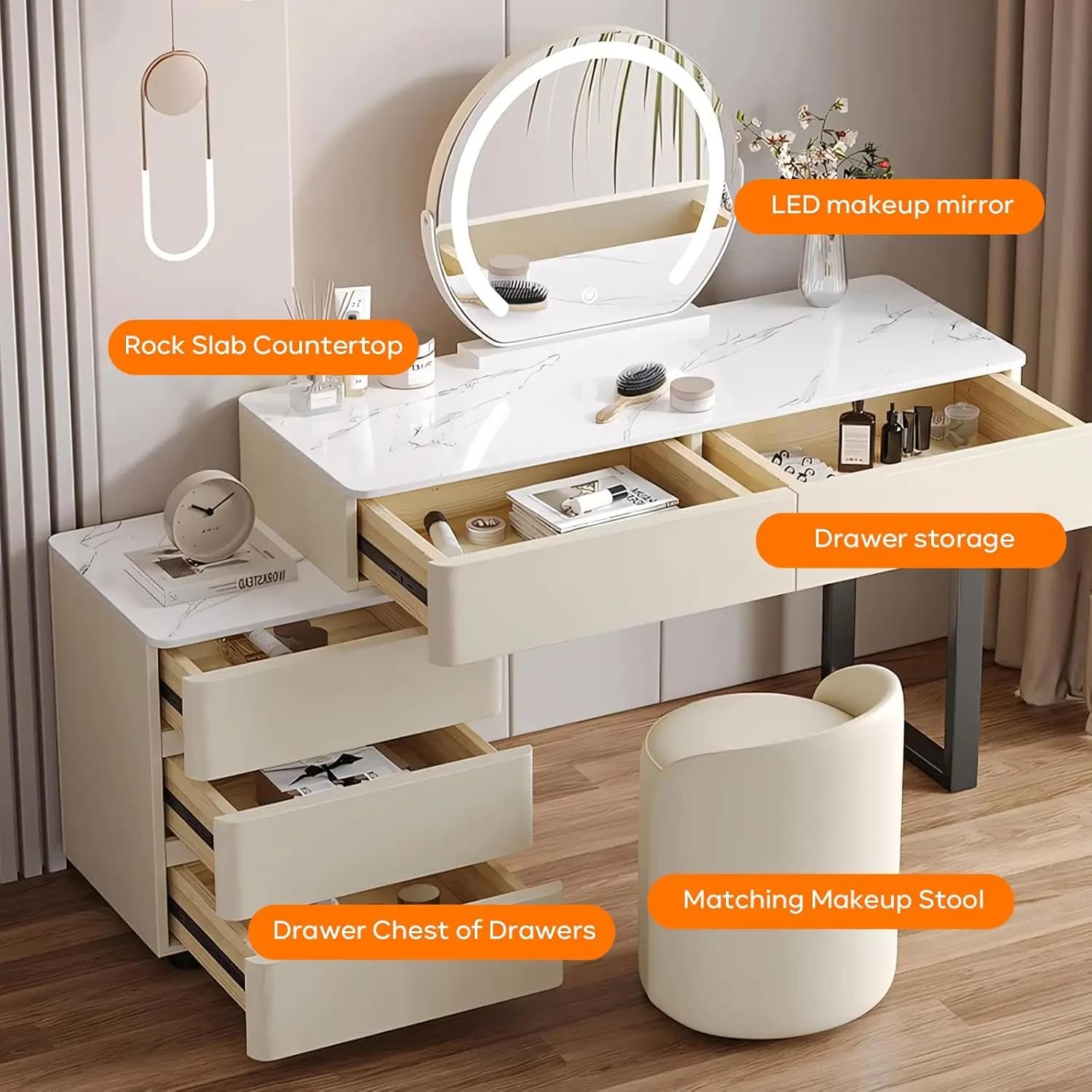 Solid Wood Vanity Desk, Modern Makeup Vanity with Drawers & Rock Slab Countertop and LED Light Mirror, Simple Dressing Table wit