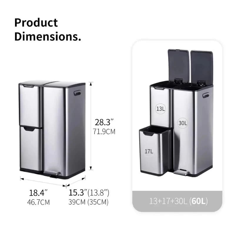 Three-compartment rectangular stainls steel trash can with double inner bucket sorting and closing slowly