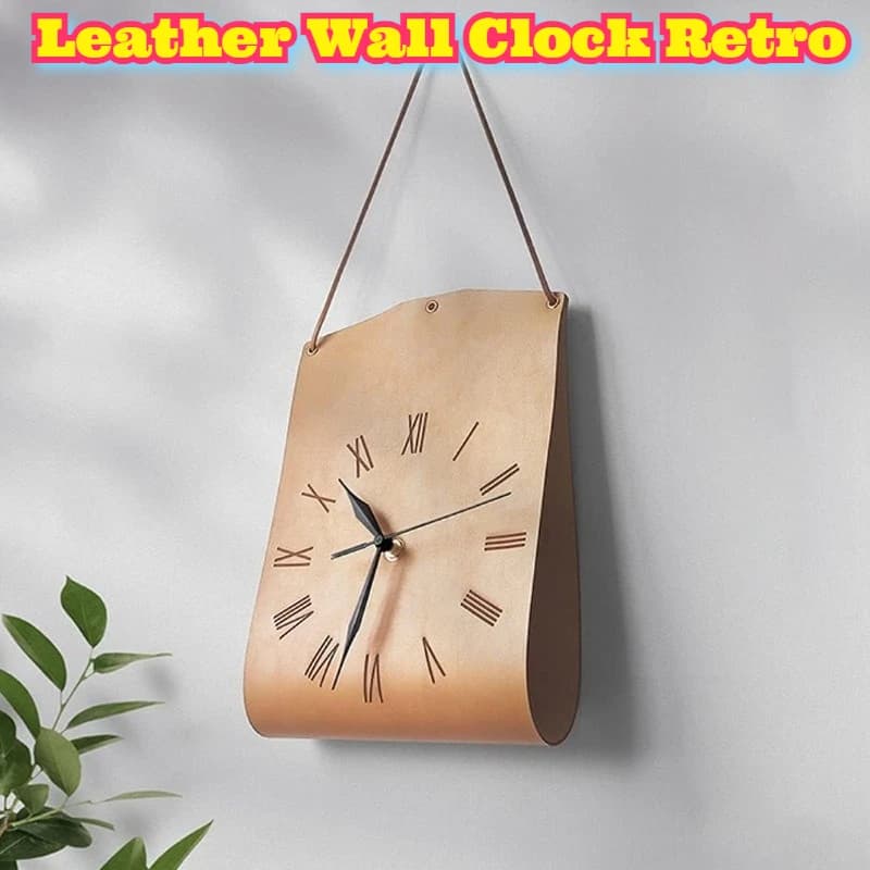 Vintage PU Leather Wall Clock Retro Home Decor Coffee Shop Decor Study Room Hanging Timepiece Artistic Living Room Wall Ornament