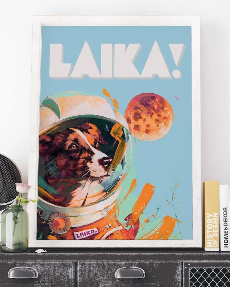 Vintage Soviet Space Dog Wall Art Canvas Painting,Laika & Belka-Strelka Cosmic Exploration Art Poster And Print Home Decor