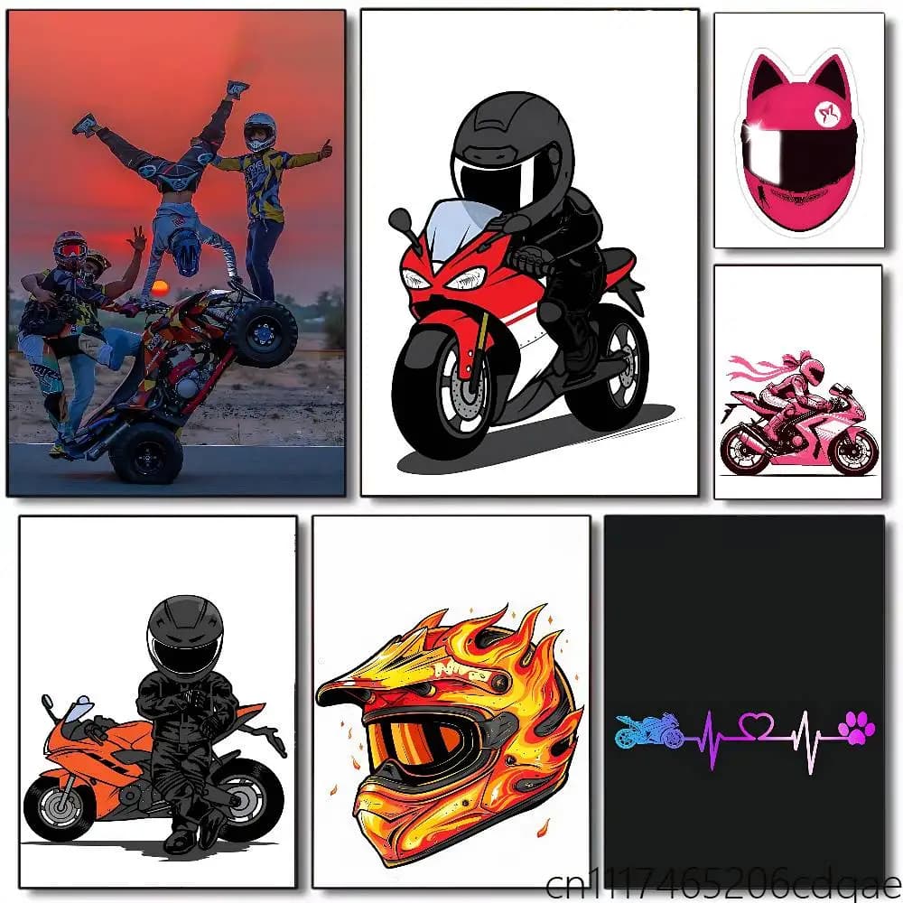 Motorcycle Rider Rolled Poster Cartoon Wall Art for Nursery Kid Room Playroom Cute Princes Painting Home Room Decor