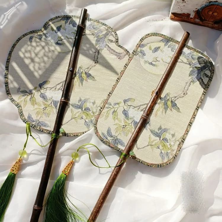 Fresh Pear Flower Printed Purple Bamboo Long Handle Foldable Rotating Waist Fan Bamboo Curtain Photography Retro Prop Fan