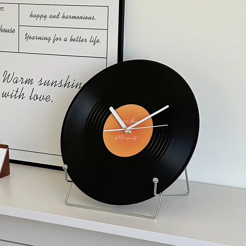 CuteLife Nordic Black Plastic Record Shape Table Clock Living Room Home Decoration Clock Round Desktop Silent Modern Wall Clocks