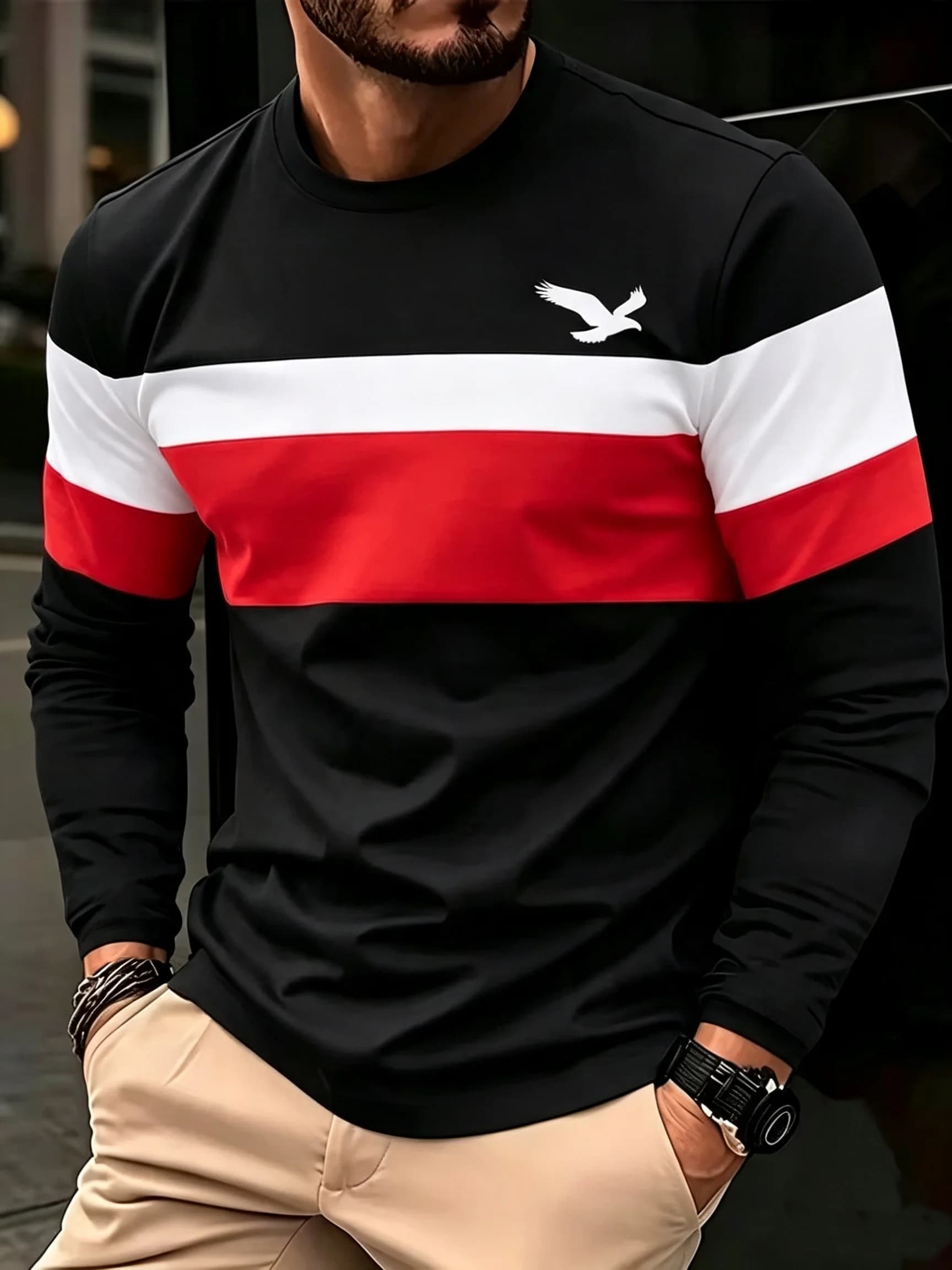 Three Color Splicing Printed Men's Long Sleeved T-Shirt Fashion Daily Sports Leisure Street Round Neck Oversized Men's Clothing