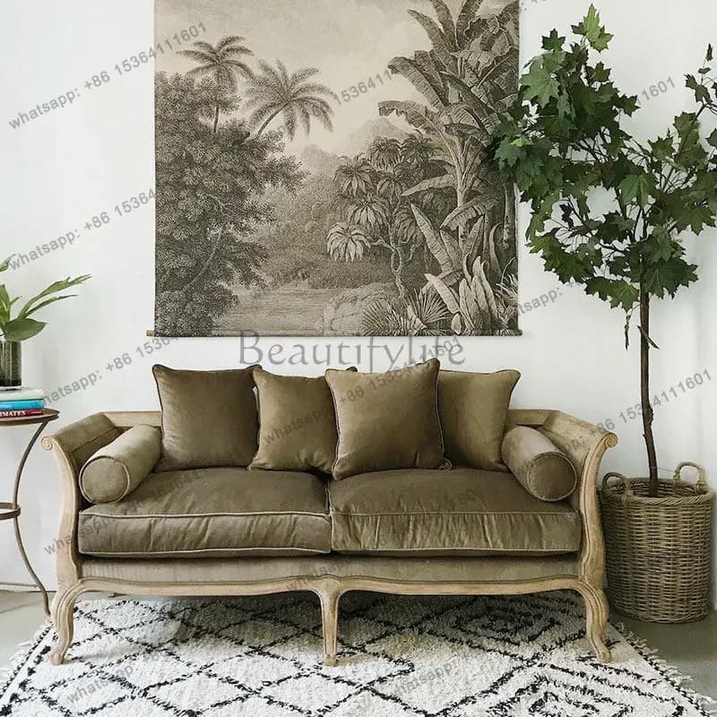 French all-solid wood sofa living room modern small apartment double ash wood fabric sofa