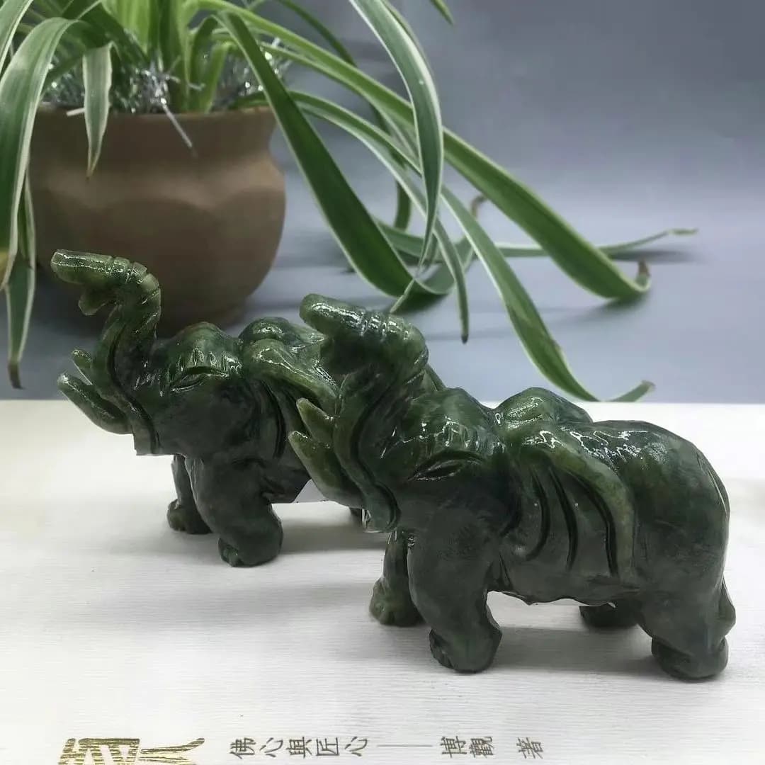 Collectable Exquisite Chinese Natural Green Jade Carving Animal Elephants Longevity Auspicious Statue 1pcs
