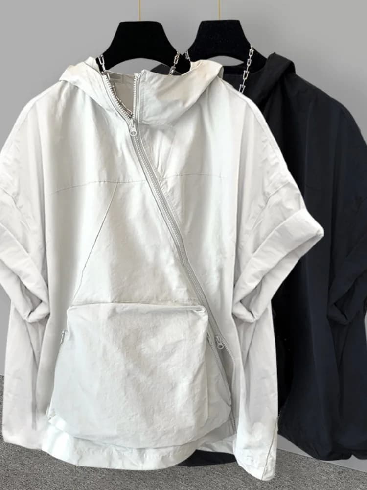 2026 New Summer Men's Korean Style Zip Up Hooded Short Sleeve T Shirt Loose Cargo Top With Big Pockets For Daily Casual Wear