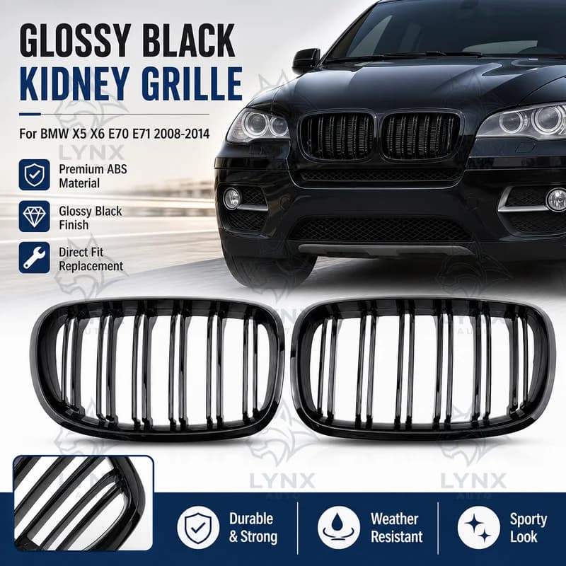 For BMW X5 X6 E70 E71 2008-2014 Aftermarket Double Line Glossy Black Kidney Grille Front Radiator Grille Replacement
