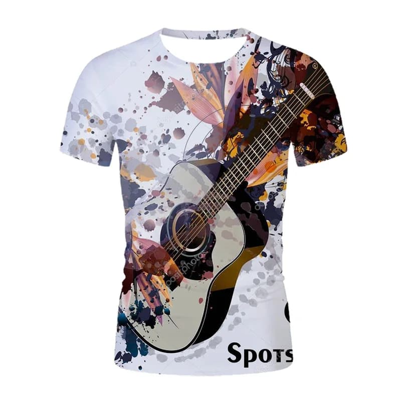 Men's and Women's Children's Music Symbol Guitar 3D Pattern Printed T-shirt Breathable Thin Crew Neck Top Casual Street Style