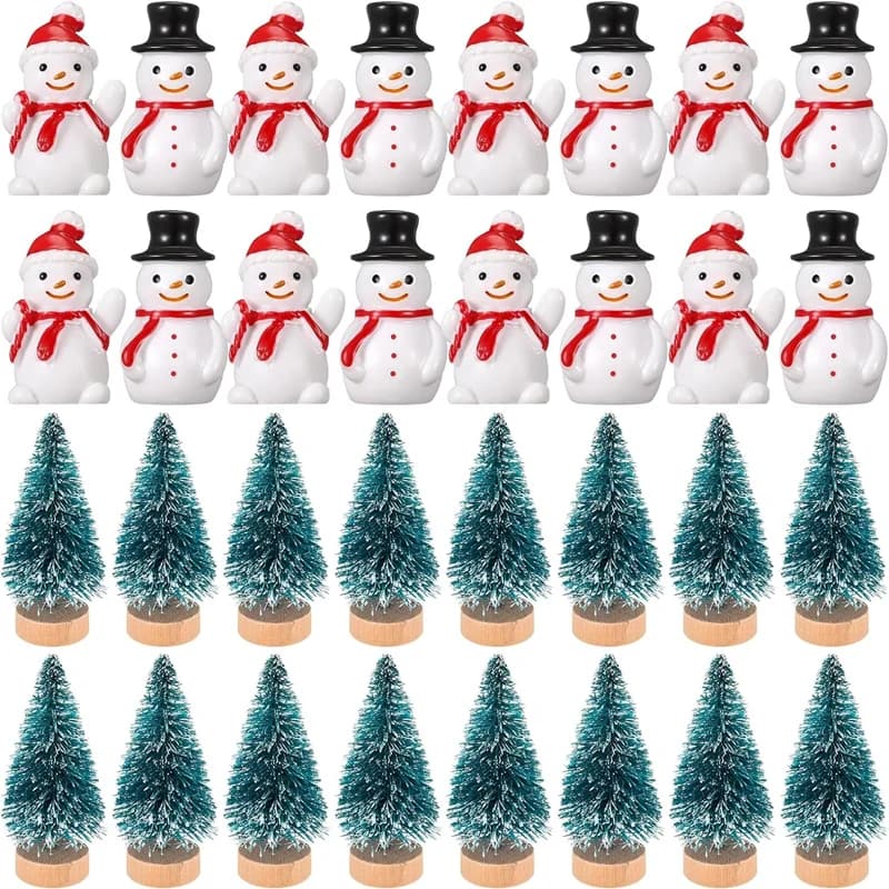 10pcs Christmas Decorative Figurines Include 6 Mini Resin Snowman 4 Mini Christmas Trees Miniature for Home Winter DIY Decor