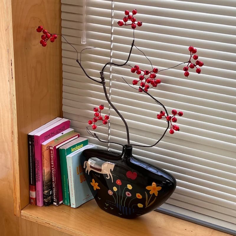 Vintage Ceramic Vase with Floral Pattern,Creative Home Office Desk Decor,Unique Housewarming Gift,Handmade Living Room Ambiance