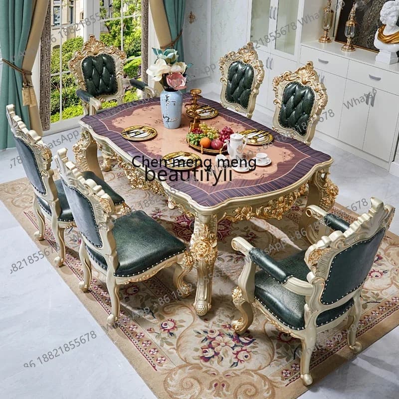 178European marble dining table, American luxury, square table full wood carving flower 1.6 meters champagne gold dining table29