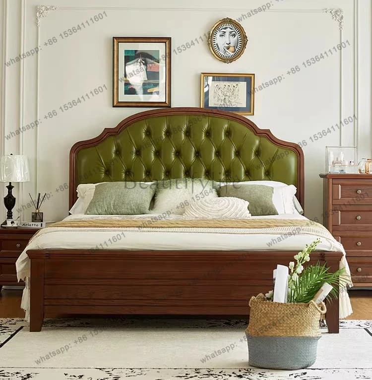 American French retro style soft bag solid wood generation simple leather soft bag big bed