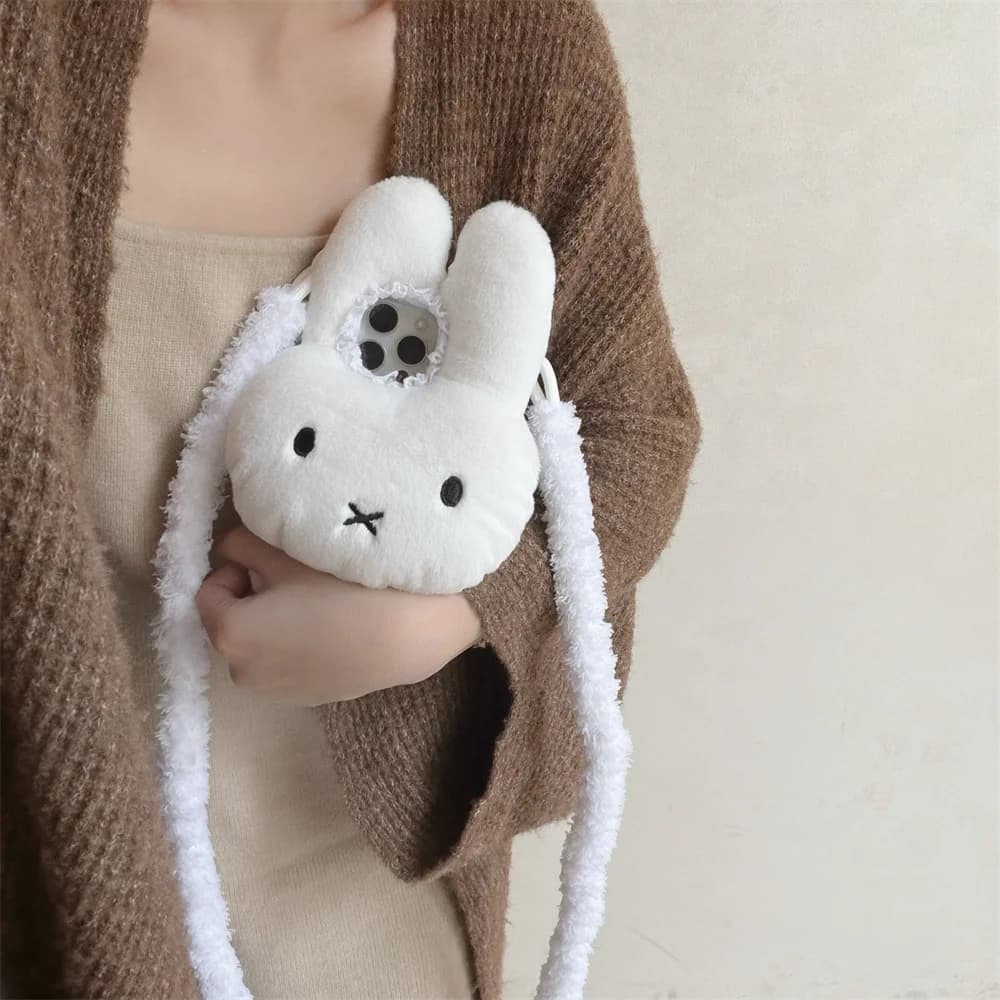 Kawaii 3D Bunny Fluffy Warm Plush Phone case for iPhone 17 Pro 16 Max 14 15 Pro Max Fundas Crossbody Cute Cartoon Shockproof Ca