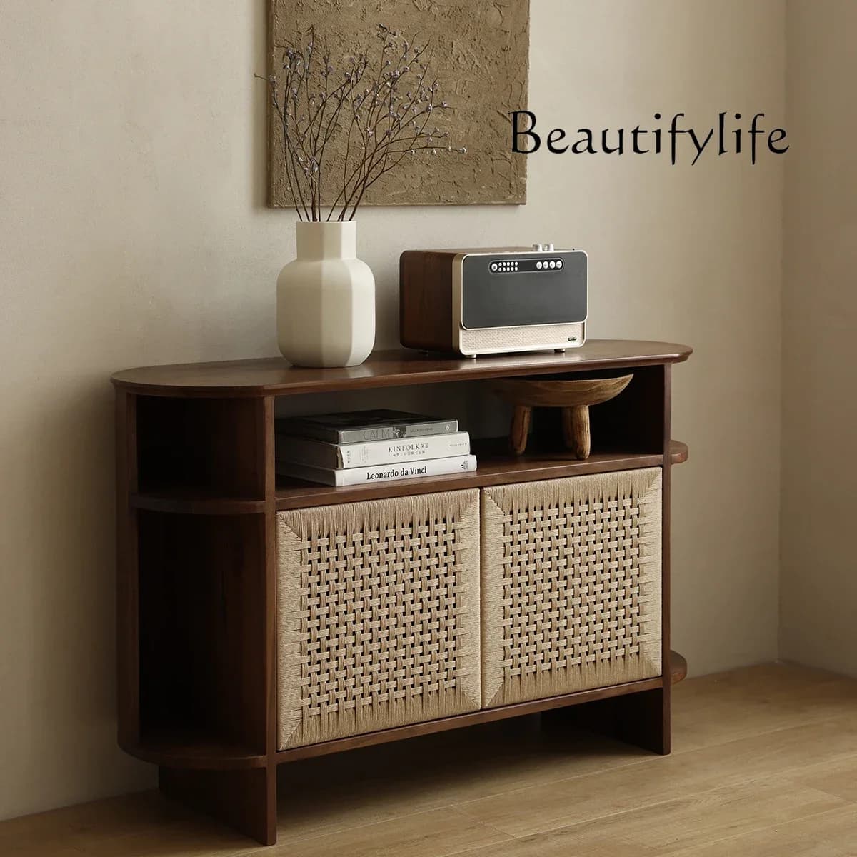 X Black Walnut Cabinet New Chinese Japanese-style Pure Solid Wood Rope Braided Rounded Corner Foyer Cabinet