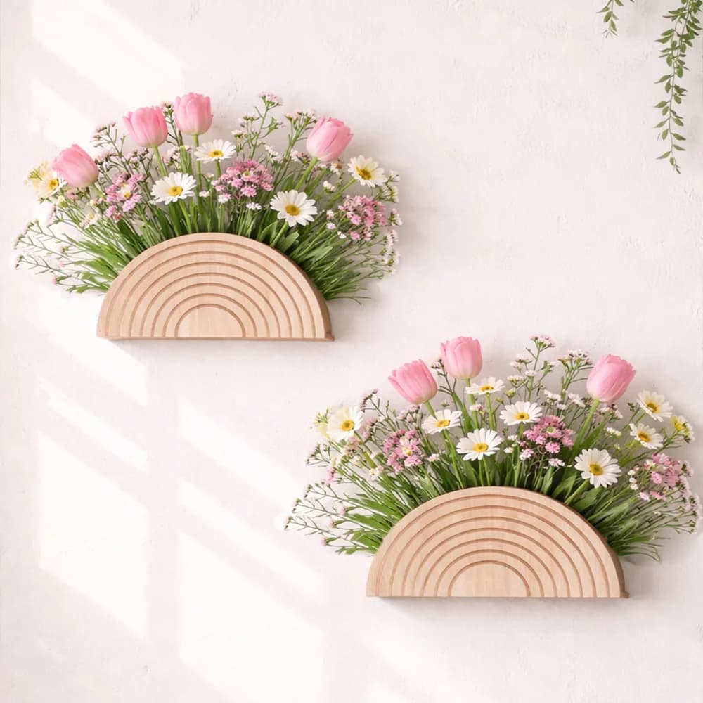 Natural Wooden Rainbow Wall Planter Vase Boho Nordic Artificial Flower Holder Wall Mounted Home Bedroom Living Room Art Decor